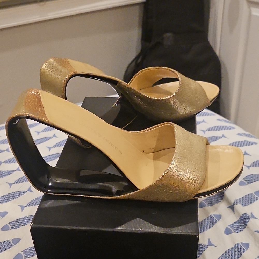 United Nude Mobius Hi Gold Snakeskin Mule Sandals